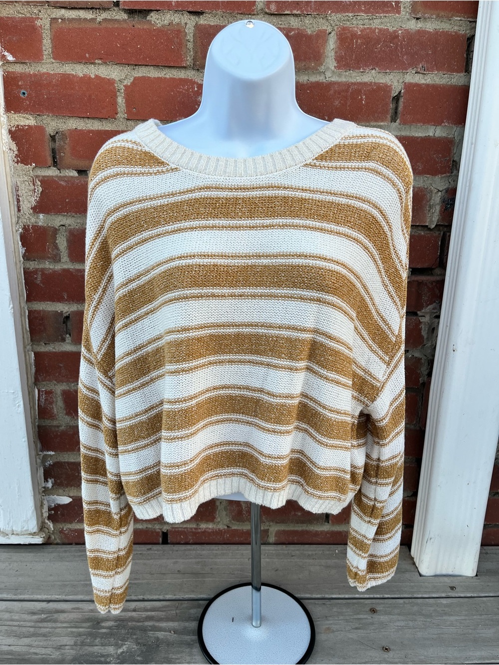 Women’s Billabong Striped Scoop-Neck Sweater in Cream and Tan